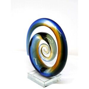 Murano Glassware Hand-Blown Glass Swirl, Decorative, Abstract, Blue & Amber